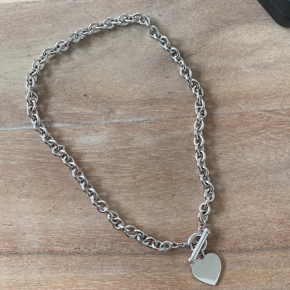 Sterling silver diamond heart charm toggle necklace